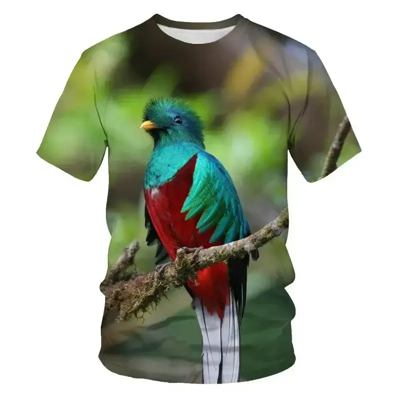 Kaus menyenangkan untuk pria, kaos 3D cetakan pola burung dan kepribadian kreatif kasual lengan pendek kerah O