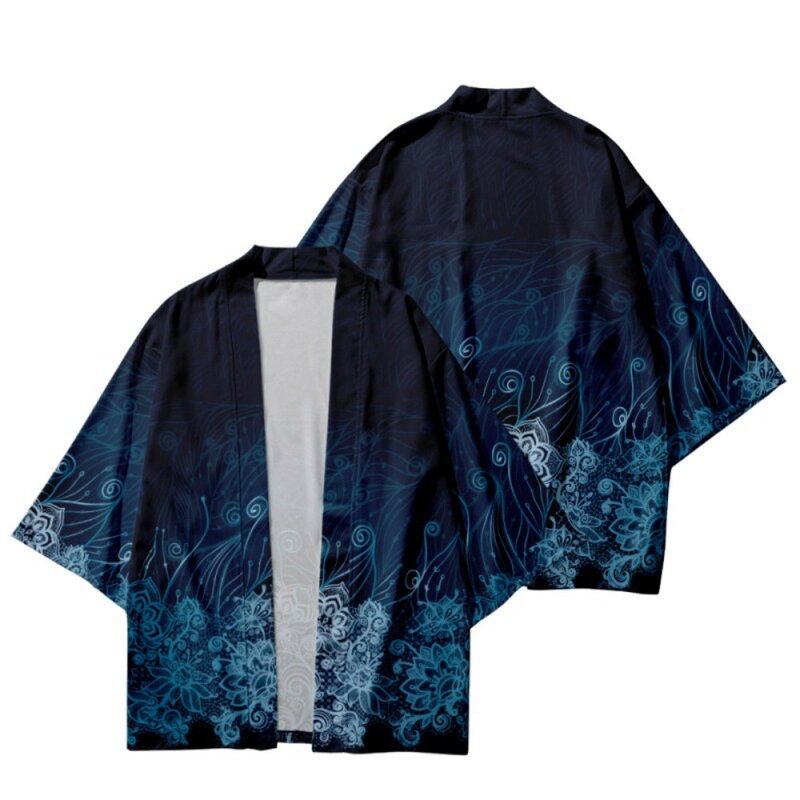 Kardigan Kimono hitam untuk pria wanita, pakaian tradisional jaket motif karper gelombang Jepang Haori pria dan wanita