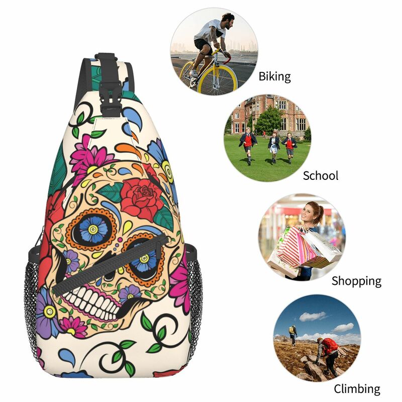 Sugar Skull Rose Mexican Sling Bags Chest Crossbody Shoulder Sling Backpack Travel Hiking Daypacks Day of the Dead Halloween Bag