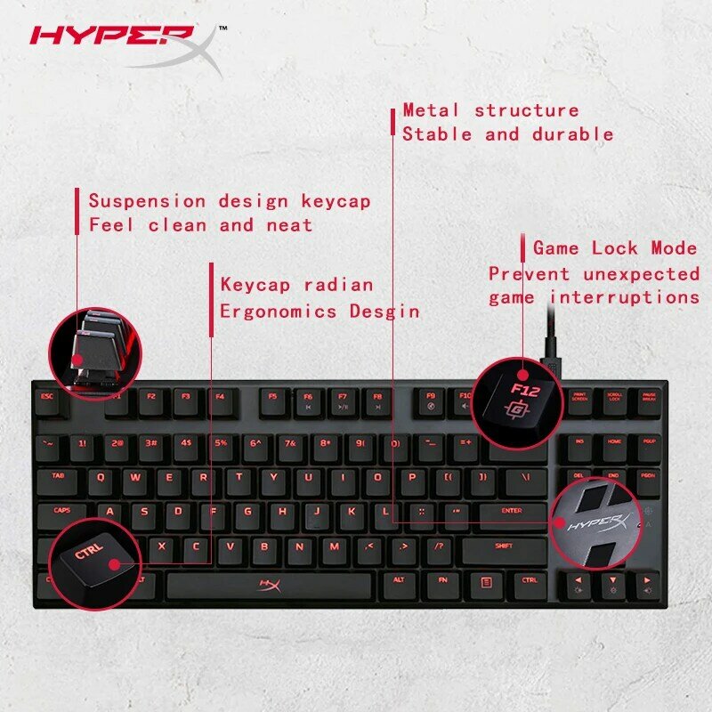 Hyper X Alloy Keyboard Gaming mekanis, anti kunci, faktor bentuk Tenkeyless, LED merah 87 kunci, Hyper X Alloy FPS Pro