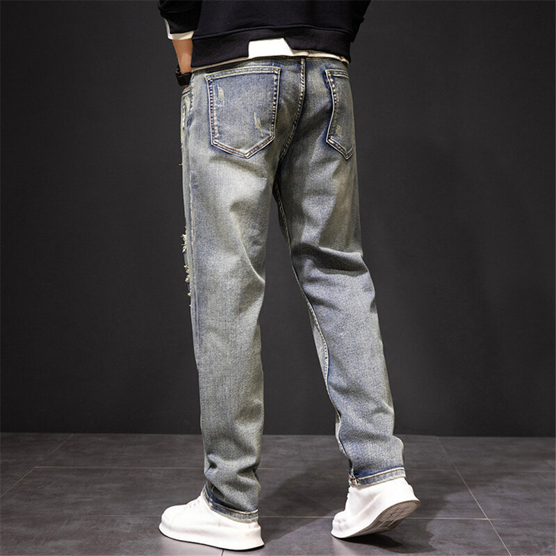 Carp Embroidered Jeans Men Streetwear Denim Pants Fashion Ripped Jeans Pants Plus Size 40 41 Trousers Male Bottoms
