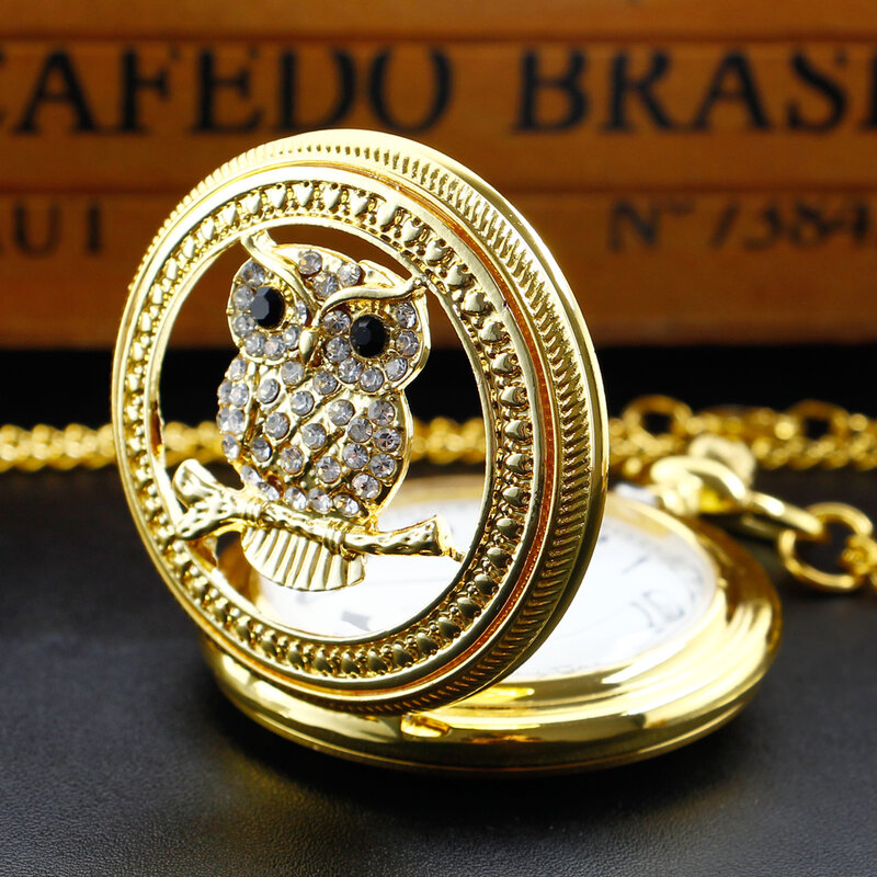 Vintage coruja quartzo relógio de bolso para homens e mulheres, mostrador branco, corrente de ouro presente, luxo, novo
