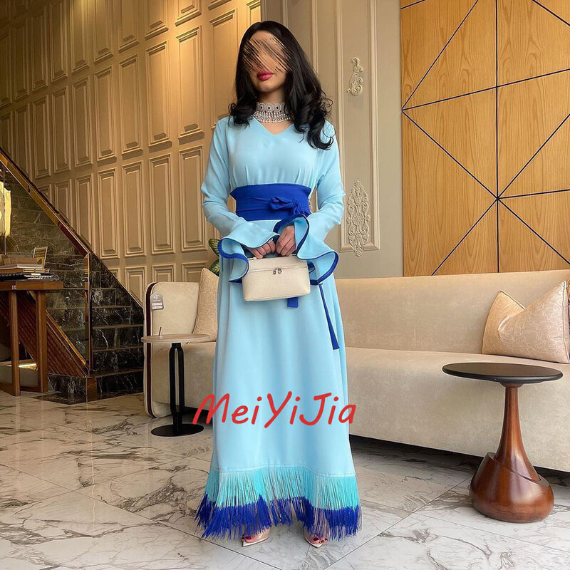 Meiyijia-vestido de noche de Arabia Saudita, traje de manga larga con escote redondo y banda elegante, Sexy, para cumpleaños y Club, verano, 2024