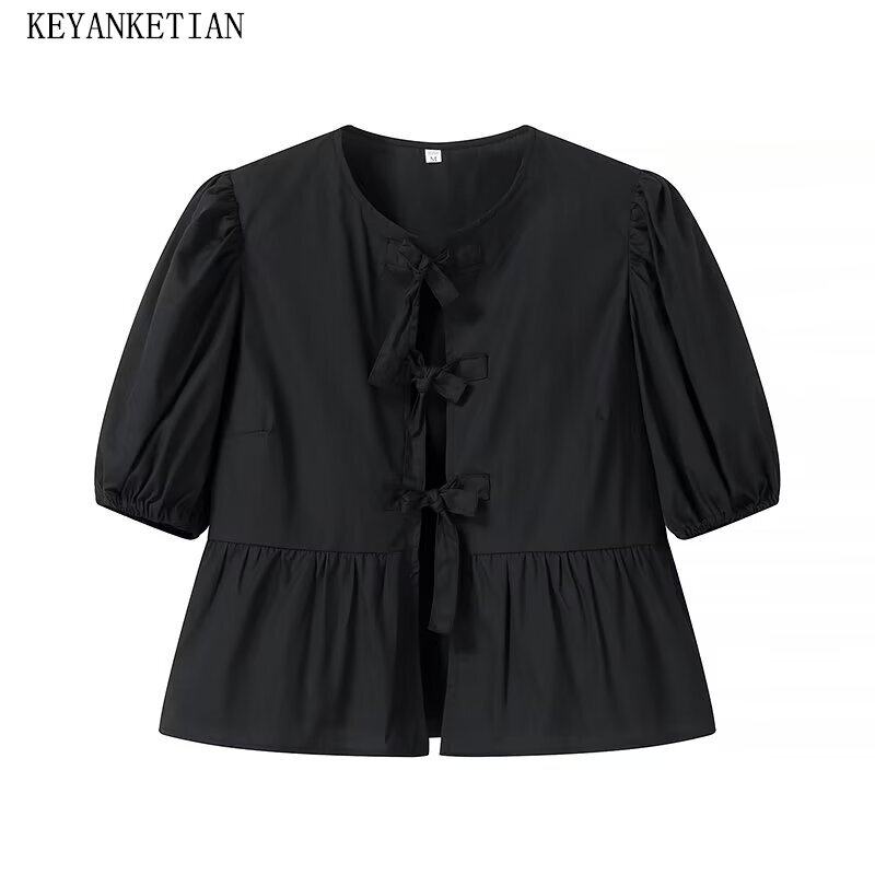Keyanketian-女性のパフスリーブコットンポプリンシャツ、レースアップブラウス、ボウタイドフリル、ショートブラウス、夏、甘い、新しい発売、2022