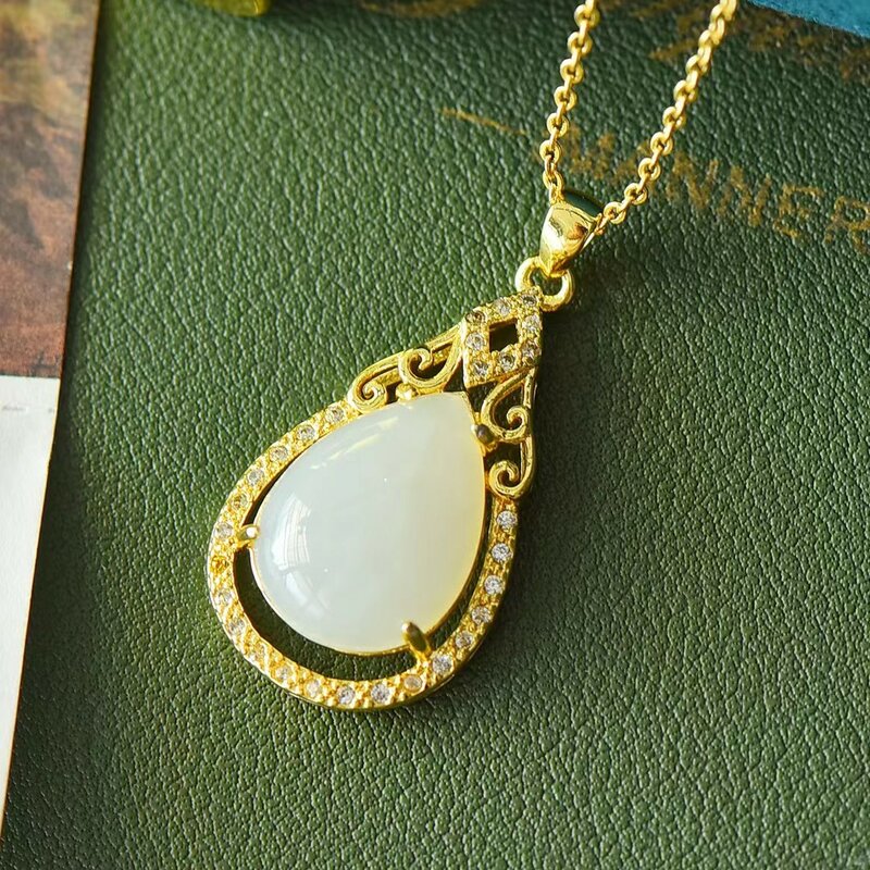 Natural Hetian White Jade Pendant Women Necklace Water Drip Pendants Fine Charms Jewellery Gifts Stylish Clavicle Chain Jewelry