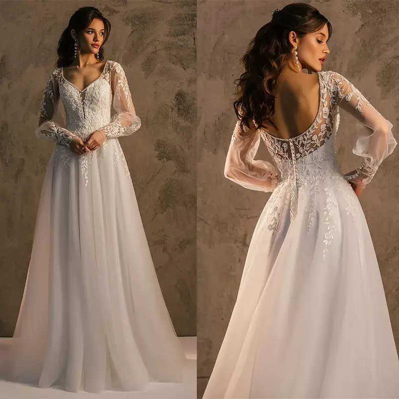 Простое женское свадебное платье трапециевидной формы с длинными рукавами и V-образным вырезом