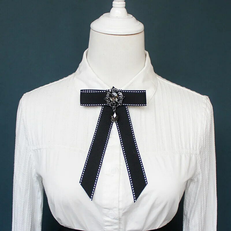 New Ribbon Bow Tie for Women Girls Rhinestone Pearl Bow Blouse Collar Pin Brooch Bowknot School Student Shirt Bowtie Accessories