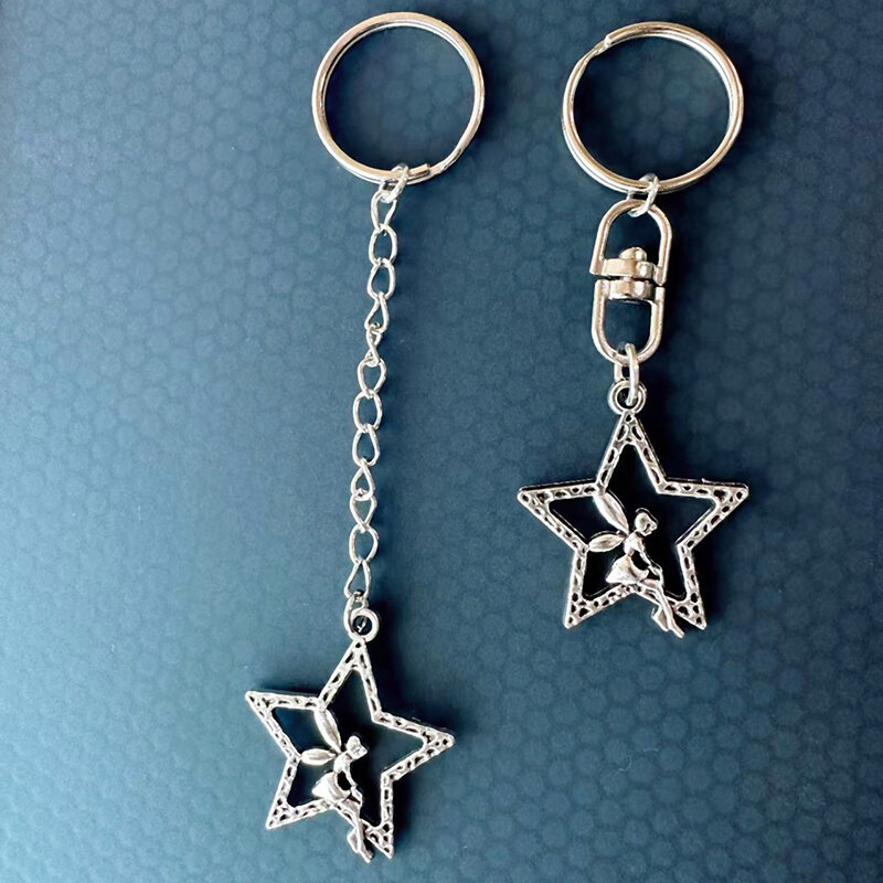 Y2K Silver Color Metal Keyring Korean Harajuku Bow Heart Star Keychain Car Key Holder Fashion Bag Pendant Purse Charm