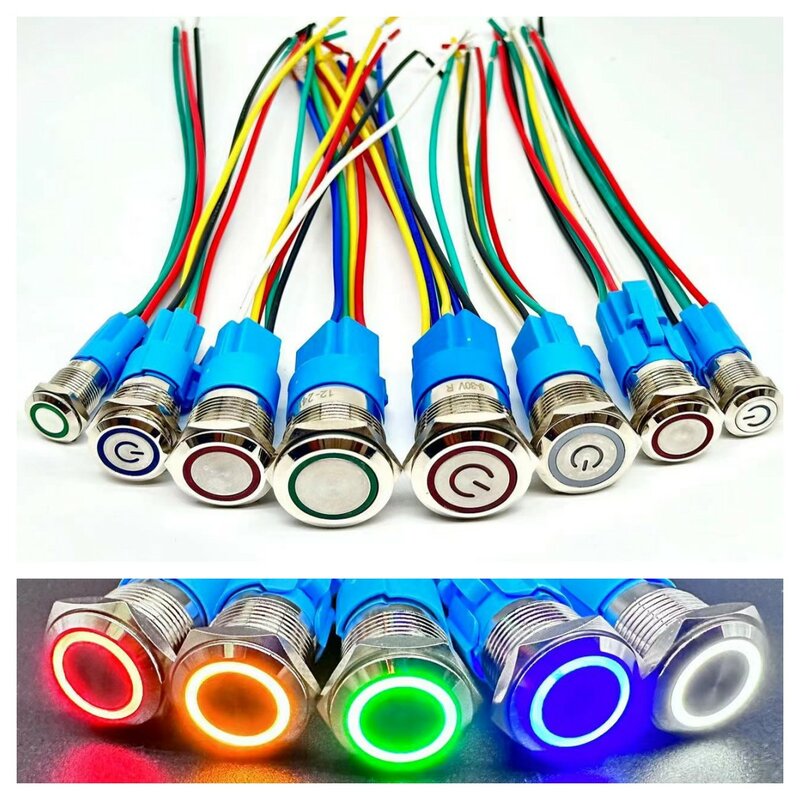 Impermeável Metal Botão Interruptor, Luz LED, Travamento Momentâneo, Interruptor de Energia do Motor do Carro, Vermelho, Azul, 5V, 12V, 24V, 220V, 12, 16, 19, 22 milímetros