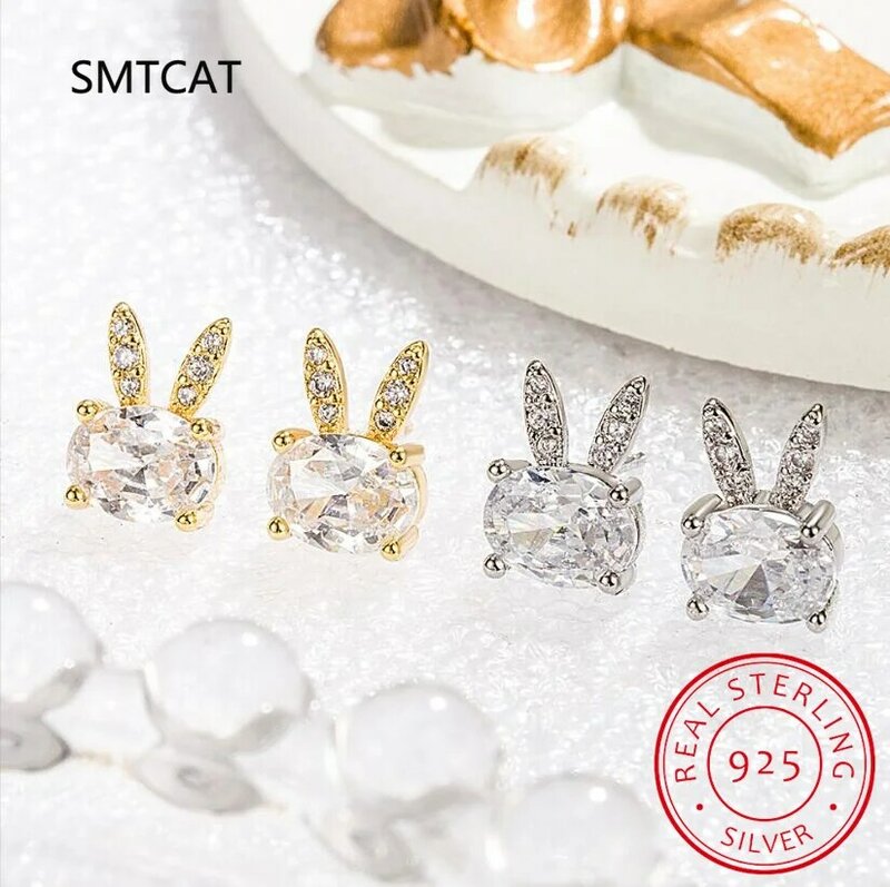 Real 925 Sterling Silver Rabbit Stud Earrings para Mulheres, Zircão, CZ, Joalheria Fina, Acessórios Minimalistas, Festa, Moda