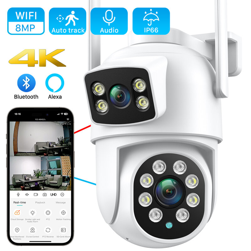 4K 8MP PTZ WiFi กล้องสองเลนส์4X หน้าจอคู่กล้อง IP ซูมดิจิตอล4MP HD ติดตามอัตโนมัติกลางแจ้ง CCTV ตรวจตราแอป icsee
