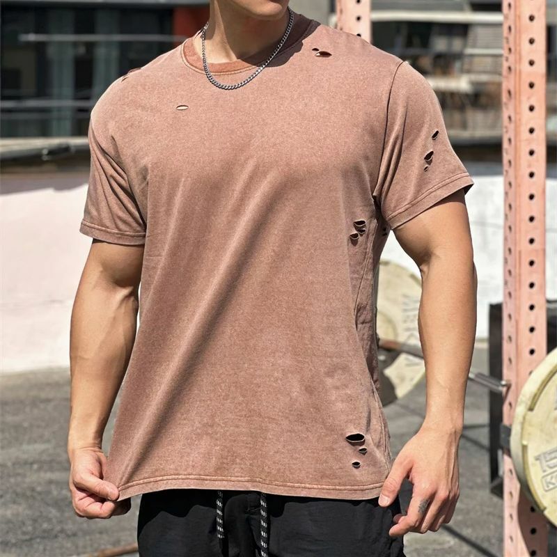 Ripped fashion casual street wear loose men's T-shirt top round neck cotton short sleeve T-shirt fitness exercise sportswear