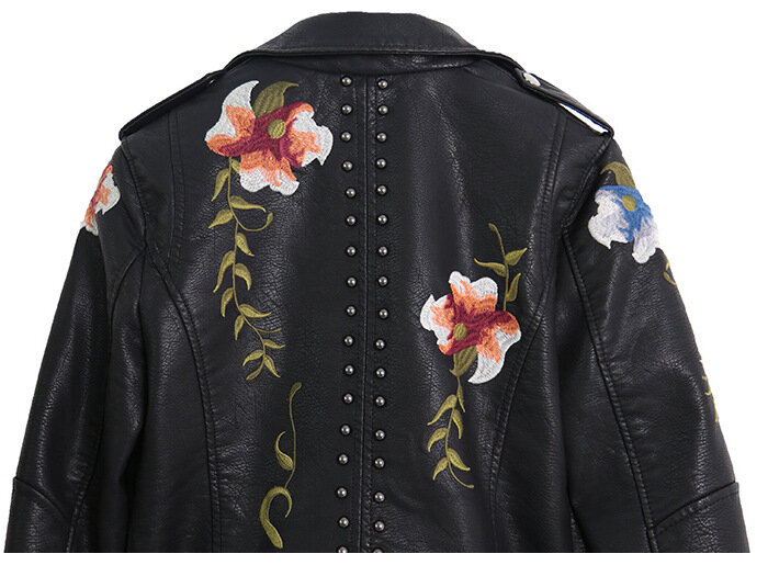 Women's PU Leather Zipper Jacket, Motorcycle Short Top Jacket, Embroidered Rivet, Fashionable Clothing, Autumn and Winter