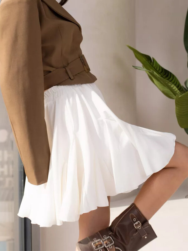 DEEPTOWN Summer White Mini Skirt A-line Sexy Cute Irregular Ruffle Vintage Tennis Skirt Elastic Waist Tutu Short Skirt for Women