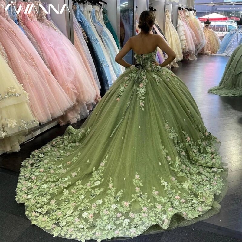 Vestido Quinceanera Verde Sparkly, Lindos Apliques, Vestido Princesa Flor 3D, Encantador Doce Vestidos De 16 Anos
