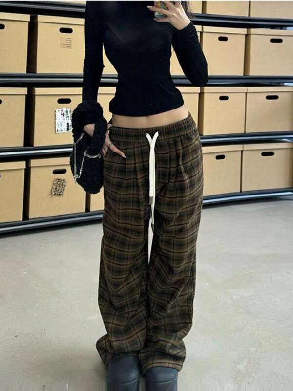 HOUZHOU-pantalones holgados a cuadros para mujer, ropa de calle Harajuku, estilo japonés, Y2k, informal, de gran tamaño, moda coreana