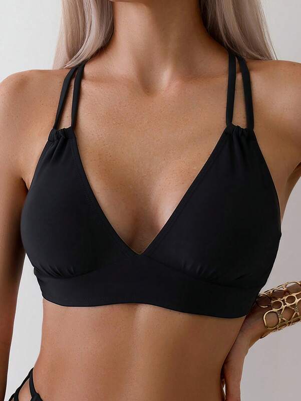 Women's new solid color bikini top with double shoulder straps, cross small design, adjustable shoulder straps, fashionable and