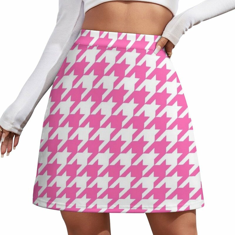 Rok Mini Houndstooth Hot Pink pakaian rok wanita untuk wanita