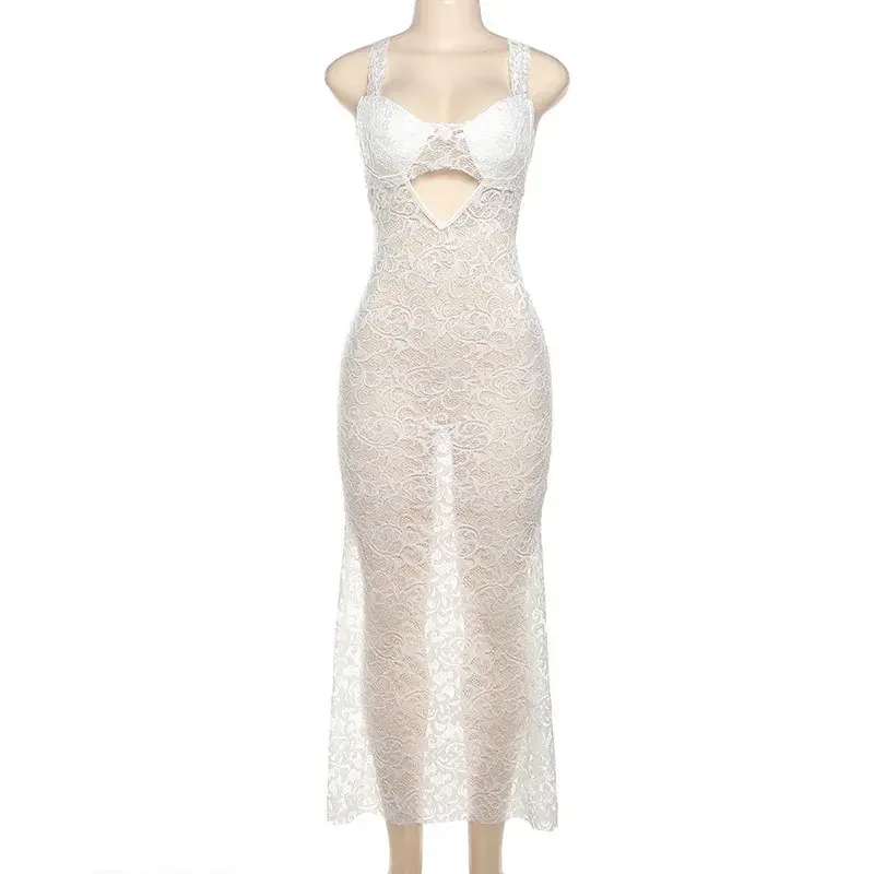 White Lace Slim Bodycon Dress Women Spaghetti Strap 2024 Summer Dress Maxi Long Backless Nightclub Sexy Party Dresses MYQH04