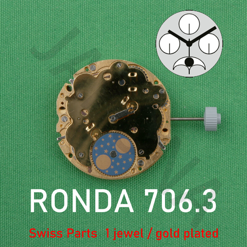 Ronda 706スイスムーブメント、706.3移動式、6つのクォーツハンド、xtratech、nスイス部品、宝石類ゴールドメッキ