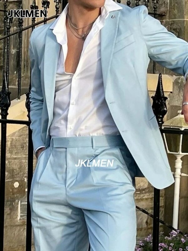 Sky Blue setelan tuksedo pria, jas tuksedo desain terbaru 2 potong (jaket + celana) untuk pesta makan malam Prom pernikahan, Blazer pria musim panas