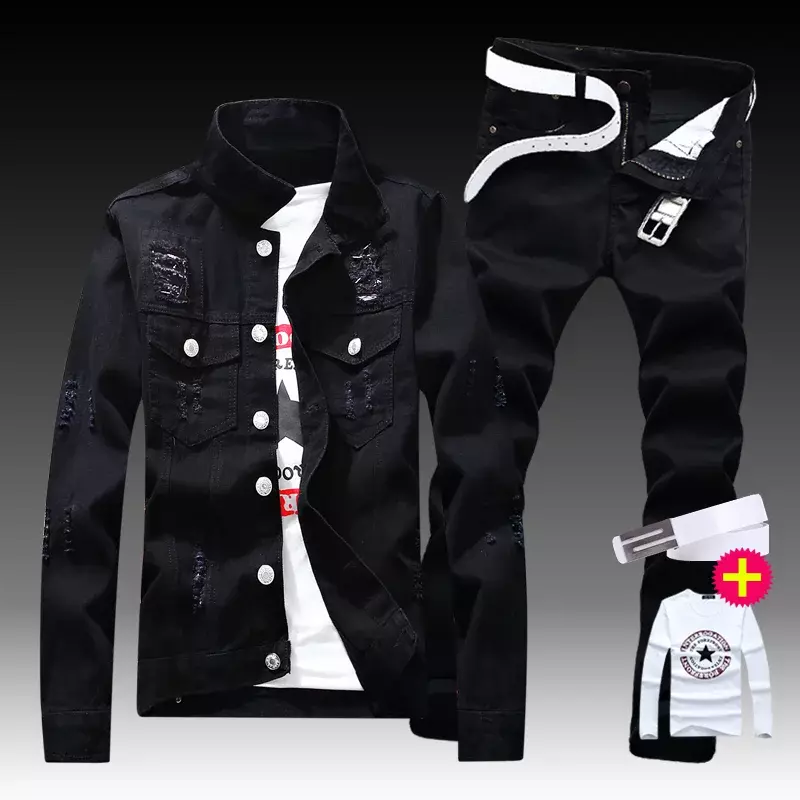 Мужская джинсовая куртка и брюки, комплект из 2 предметов, однобортная Повседневная куртка с дырками, облегающие крутые куртки для мальчиков