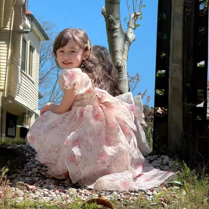 Kinder kleid Sommer Mädchen Prinzessin Kleid großes Mädchen Schatz fragmentierte Blume Bogen Schwanz Kleid Geburtstags feier Kleidung