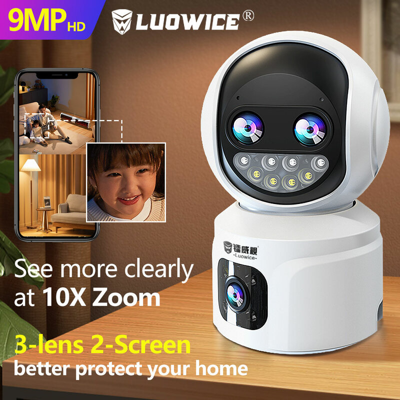 Luowice PTZ IP 감시 와이파이 카메라, 양방향 오디오, 아기 애완 동물 스마트 홈 모니터, 10X 줌, 9MP 3 렌즈, 2 스크린