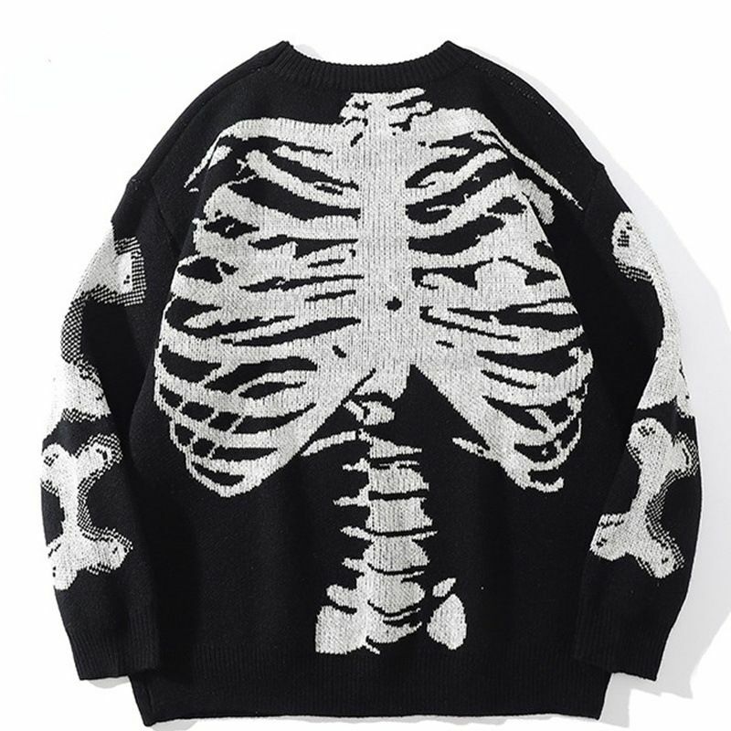 New women autumn and winter sweater Harajuku skull round neck long-sleeved sweater couple loose pullover retro Y2K sweater