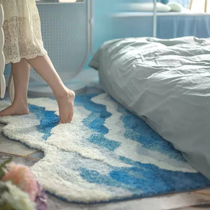 Alfombra de ondas estéticas, alfombra antideslizante flocada de alta calidad, baño, mar azul, decoración de la casa, habitación de niños, Alfombra de cabecera