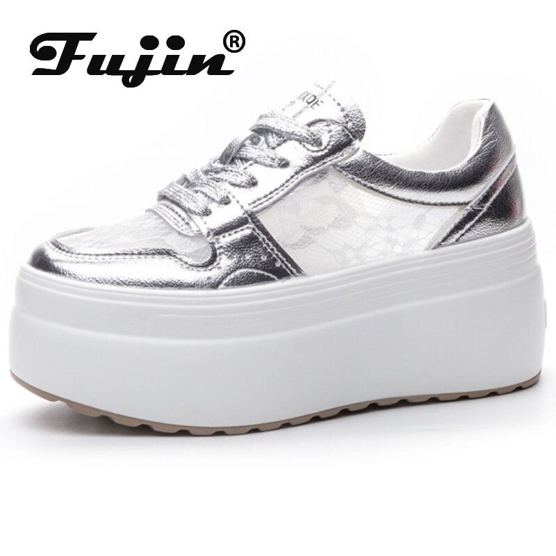 Fujin 8cm New Women Lace Chunky Sneaker Fashion Summer Hollow Platform Wedge Flats Comfy Booties Shoes Air Mesh Leather Genuine