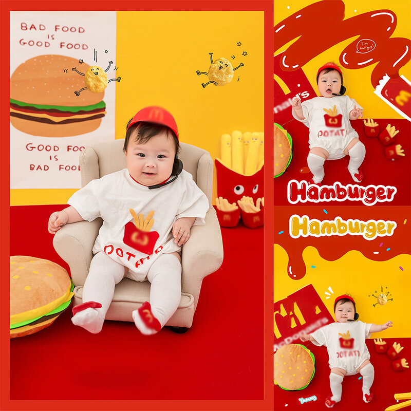 Newborn Photography Clothes Cute Hamburg Themed Photography Set Jumpsuit Stockings Hat Baby Photoshoot Outfit Burger Fries Props