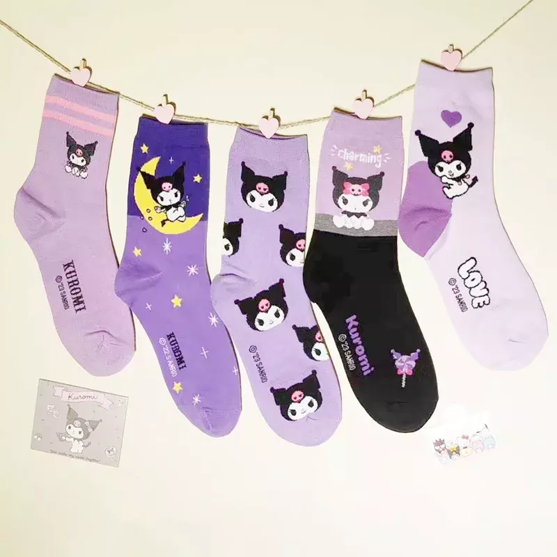 Sanrio-calcetines largos de algodón con dibujos animados para niña, medias de tubo medio, color morado y negro