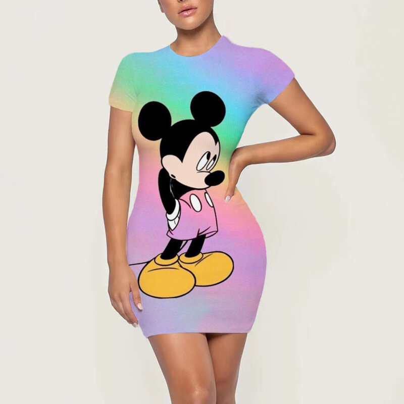 Disney Minnie Mickey Mouse Cute Cartoon Print Short Sleeve Sexy Night Club Tight Dress Summer Fashion Bag Hip Beach Party Dress