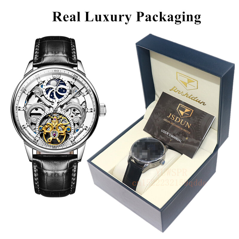 Zegarki mechaniczne JSDUN dla biznesmenów szkielet zegarki wodoodporne klasyczny skórzany pasek prezent dla męża 8922