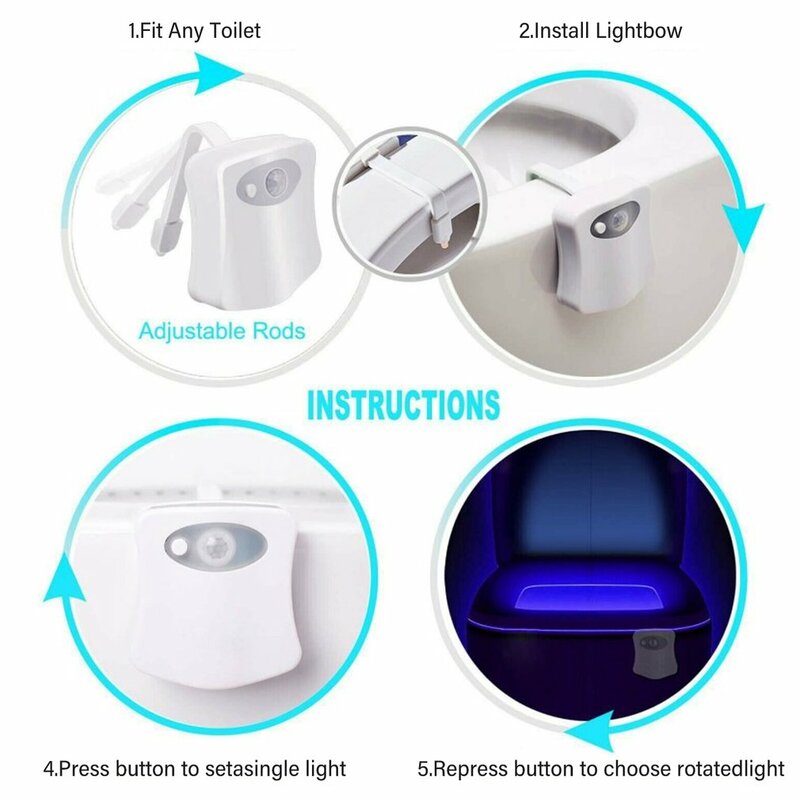 Luz noturna LED com sensor de movimento PIR, WC Bowl Lamp, Iluminação para banheiro, 8 cores