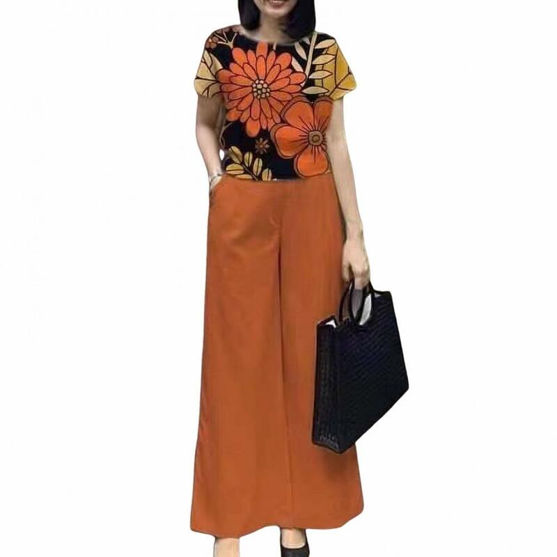 Женский Повседневный костюм с цветочным принтом, футболка и брюки с широкими штанинами и высокой эластичной талией, топ с коротким рукавом и круглым вырезом, большие размеры