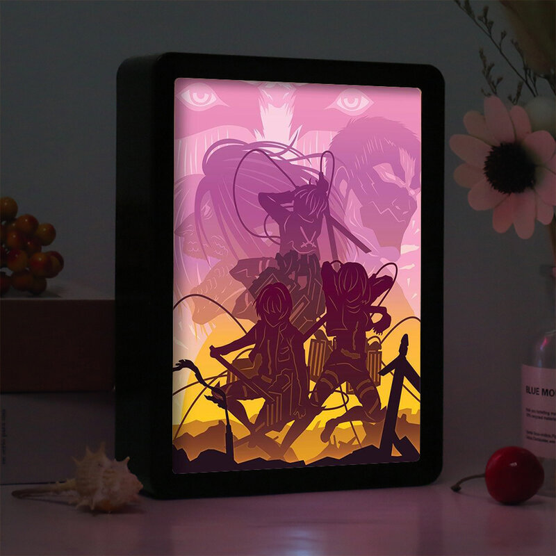 Ataque em titan anime caixa de luz 3d papel escultura noite luz diy sombra caixa de papel led cartaz quadro personalizado decoração do quarto