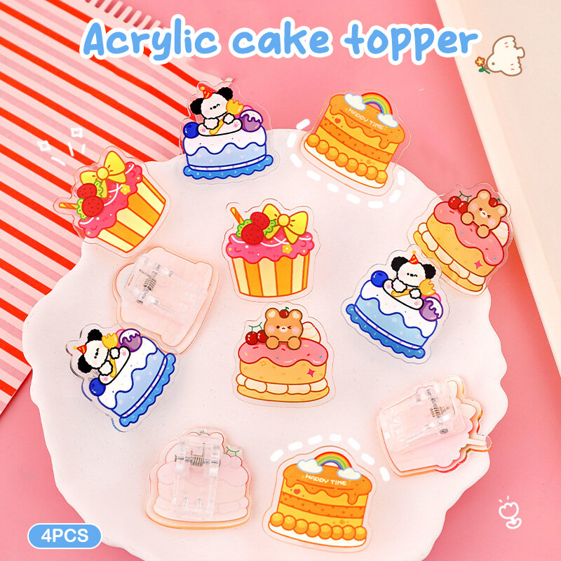 4 pezzi acrilico Kawaii Cartoon Animal Cake Printed Clips Cute Scrapbook Clip forniture per rilegatura per ufficio fai da te