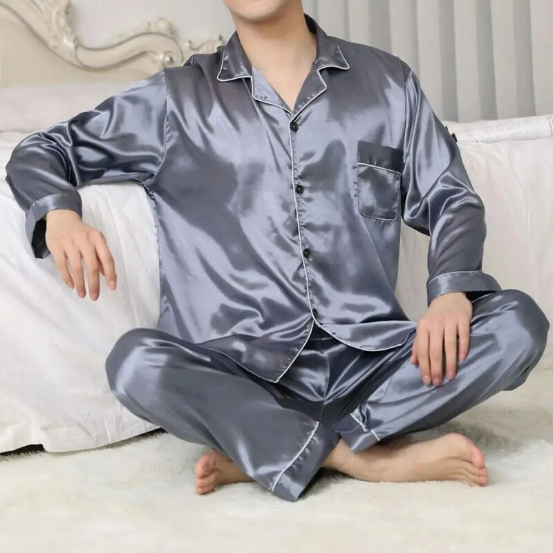Herren Pyjama Set elegante Satin Herren Pyjamas Set mit Langarmhemd weites Bein Hosen weiche Homewear Nachtwäsche für Herbst Frühling