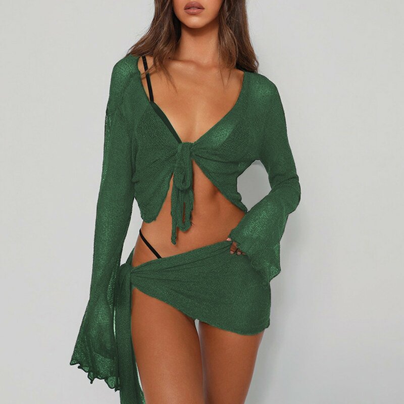 Womens 2 Piece See Through Swimsuits cover-ups Summer Sexy Lace Up Solid Color Up Crop Swimsuit Smock Fashion Beach Vacation