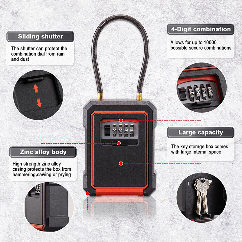 Key Lock Box 4 Digits Key Lock Box with Resettable Lock Box with Code Indoor Outdoor Box for Outside Stainless steel