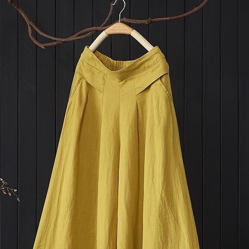 กางเกงขาม้ามีกระเป๋าแนวย้อนยุคผ้าคอตตอนสีเหลืองผ้าลินินลำลองขนาดใหญ่พิเศษ