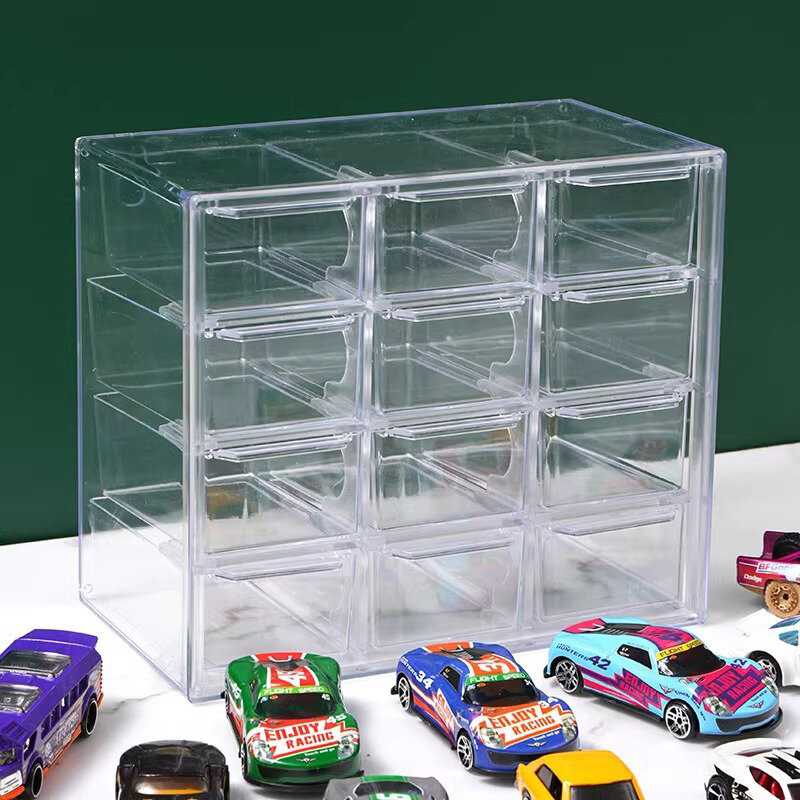 Caixa de armazenamento modelo do carro do brinquedo, prateleira de exposição clara, recipiente de armazenamento Dustproof, cremalheira do armário para a coleção, escala 1:64