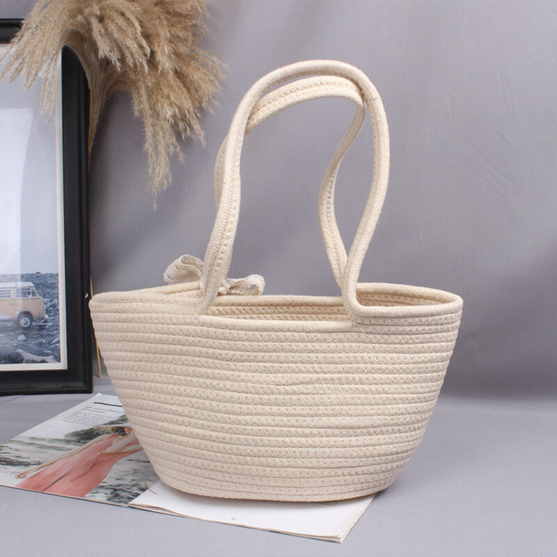 Pastoral Fresh Style Cotton Straw Woven Bag Portable Girls Shoulder Bags Handbag Beach Bag Woven Top-hand Shopping Bag Casual