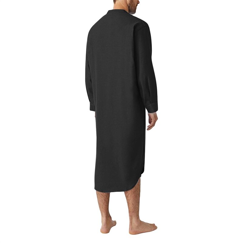 Халат мужской льняной с V-образным вырезом, однотонный длинный халат с короткими рукавами, Рубашка свободного кроя, повседневный кафтан с карманами