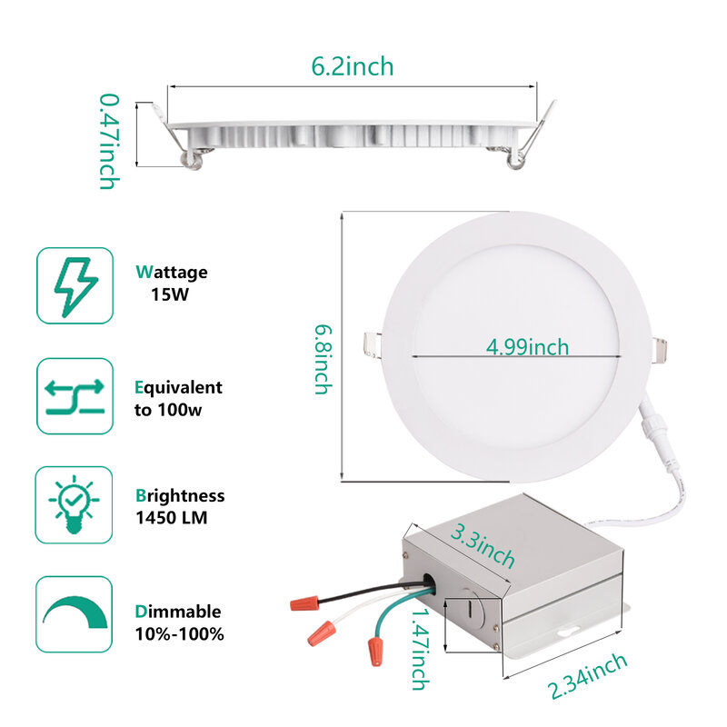 Plafonnier LED encastrable blanc, lumière du jour, intensité variable, panneau fin, pot avec boîte de mélange, 15W, 1450LM, 6 ", 5000K, 4 packs