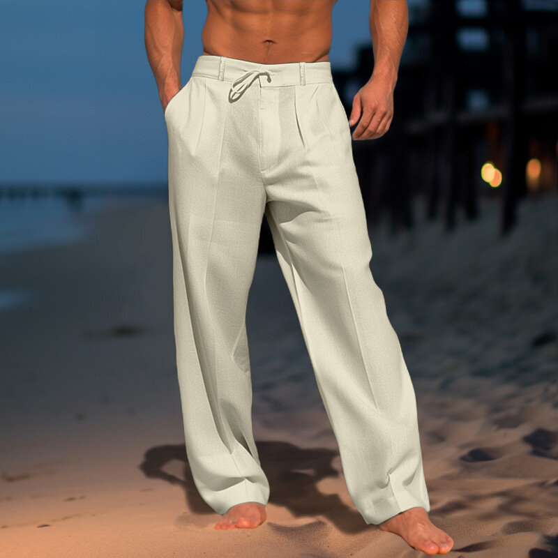 Calça casual de linho de algodão praia masculina, monocromática, reta solta, com cordões de lazer, primavera, verão