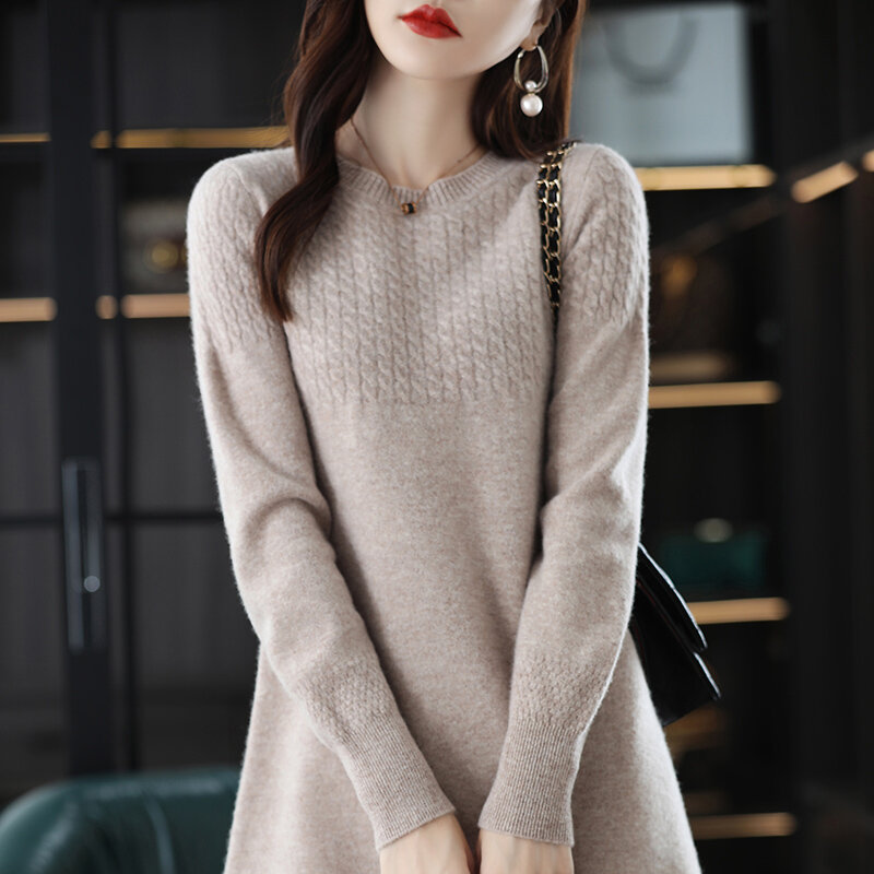 100% pulôver feminino de lã pura vestido de comprimento médio camisola saia em torno do pescoço de malha moda allmatch cor sólida outono inverno novo