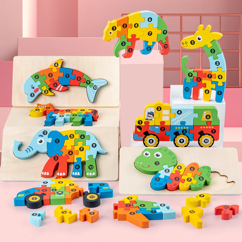 Wooden Puzzle Childhood 3D Building Blocks Animal Traffic Cognitive Board Baby Intelligence Development Toys